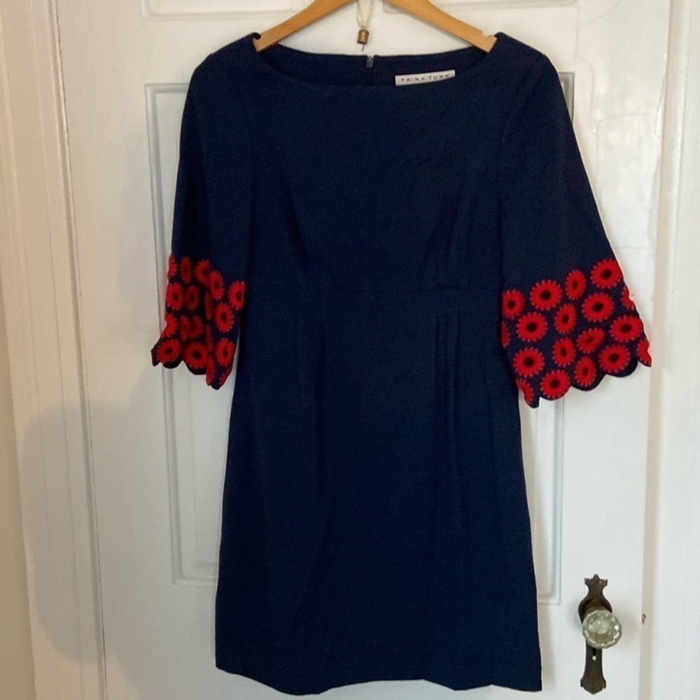 Trina Turk Navy Red floral embroidered bell sleeve dress